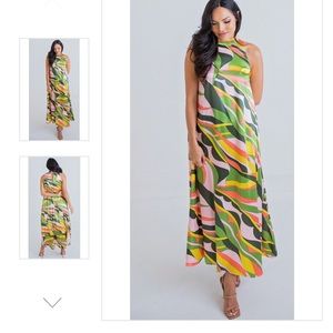 KARLIE SOLID MULTI ABSTRACT 70'S HALTER MAXI DRESS